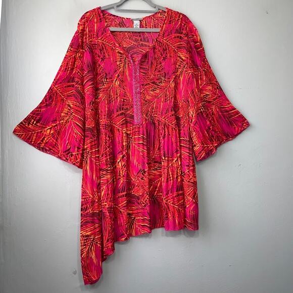 Catherines Plus Size 3X Asymmetrical Semi Sheer Pleat Top Tropical Resortwear - Picture 1 of 9
